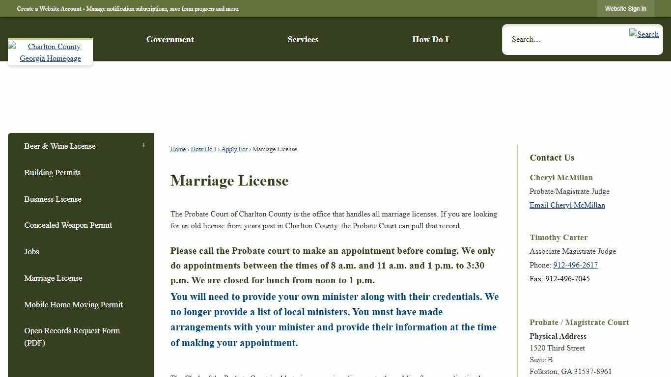 Marriage License | Charlton County, GA - Official Website
